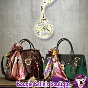 Michael Kors Large Gold MK Logo Hang Tag Bag Charm Beige Leather